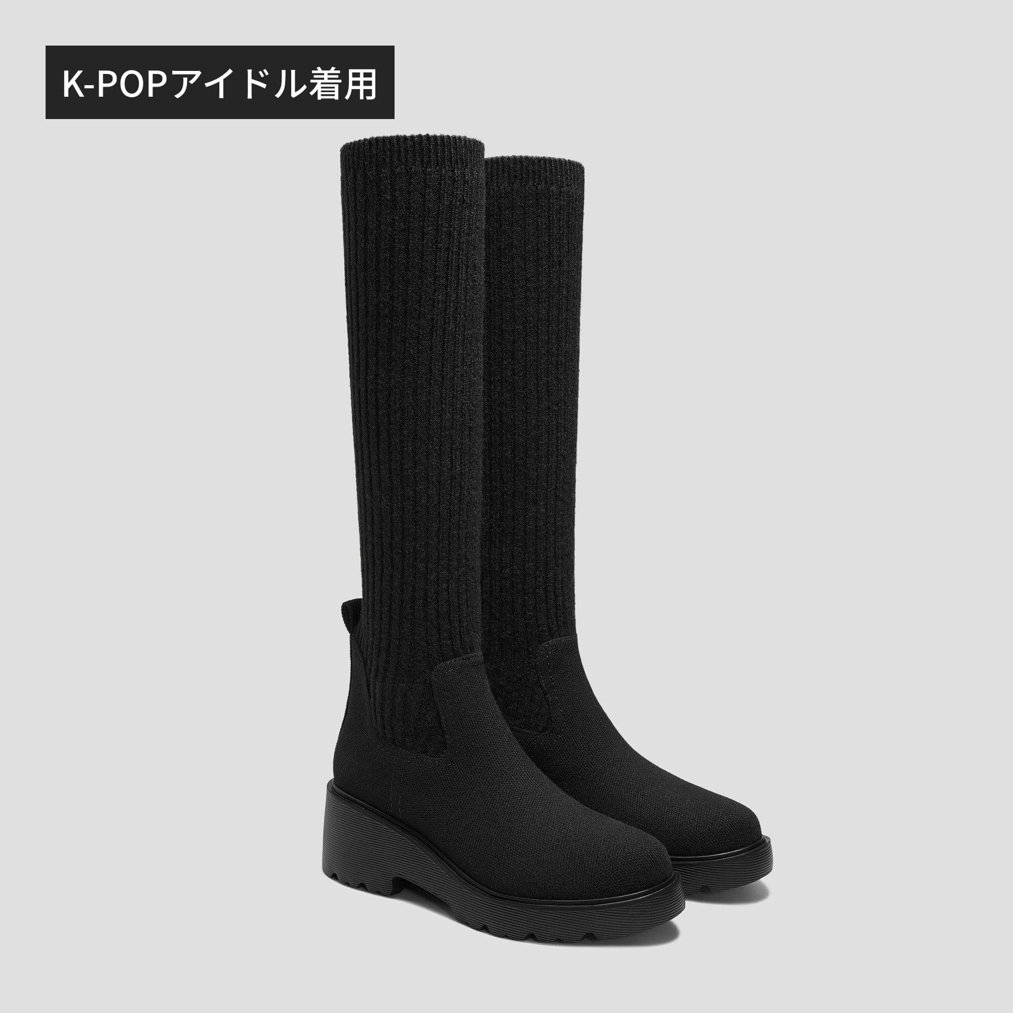 [Eduarda] ラウンドトゥ 撥水加工 ニーハイ プラットフォーム チャンキー ウェッジブーツ