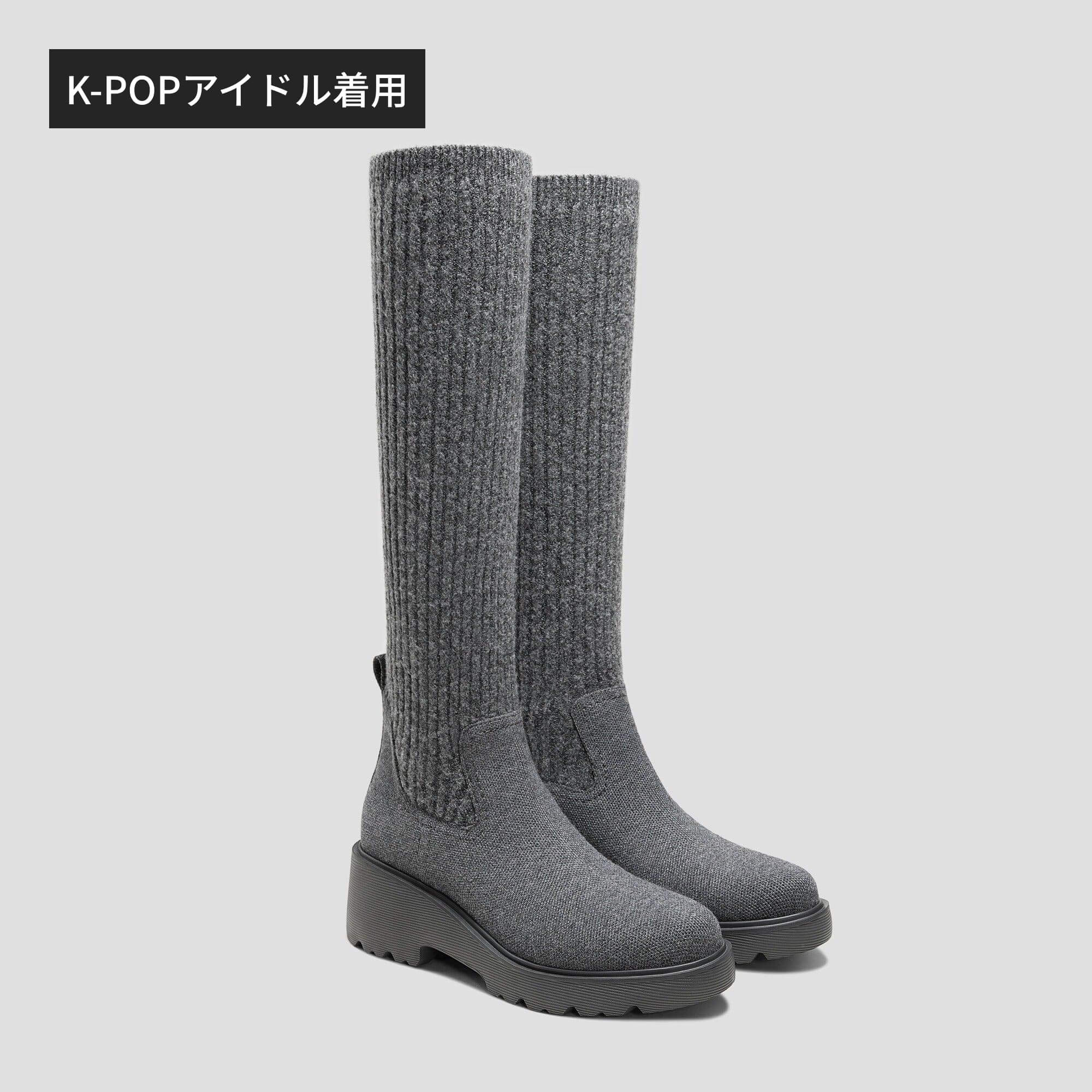 [Eduarda] Round toe Water Repellent Knee High Platform Chunky Wedge Boots