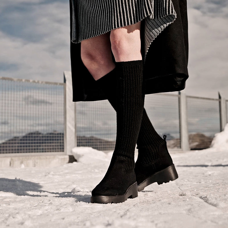 [Eduarda] ラウンドトゥ 撥水加工 ニーハイ プラットフォーム チャンキー ウェッジブーツ