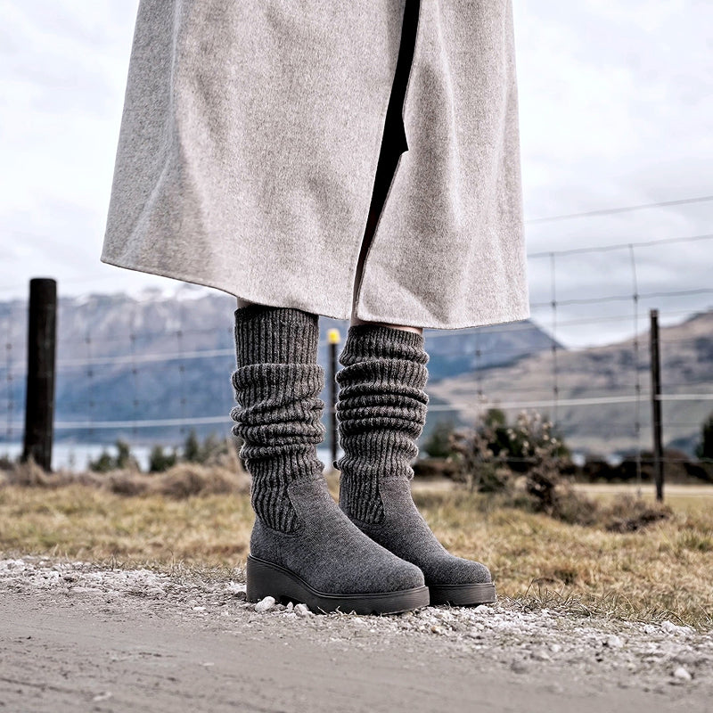 [Eduarda] ラウンドトゥ 撥水加工 ニーハイ プラットフォーム チャンキー ウェッジブーツ